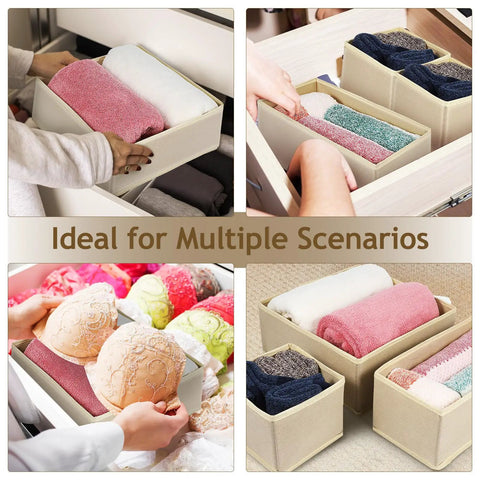 6 Piece Underwear Drawer Organizer Set Features Fold Flat Storage Bins in beige, sorting clothes and bras in a tidy drawer.