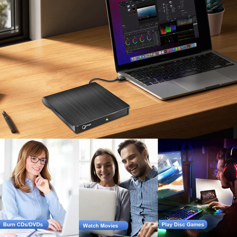 External CD DVD Drive for Laptop USB 3.0 Portable CD DVD Player High Speed Writer 8x DVDR 24x CDR Slick Performance Plug and Play Ready With Windows and Mac OS Black on laptop desk