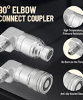 Two 90-degree hydraulic quick-connect elbow couplers, 1/2 in body, JIC male threads, knurled sleeve, metal finish