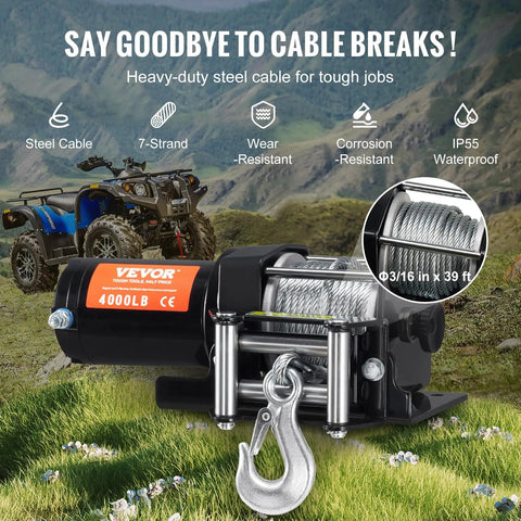 VEVOR 4000 Lb Electric Winch For Atv And Utv Recovery with heavy-duty steel cable and hook on a grassy terrain.