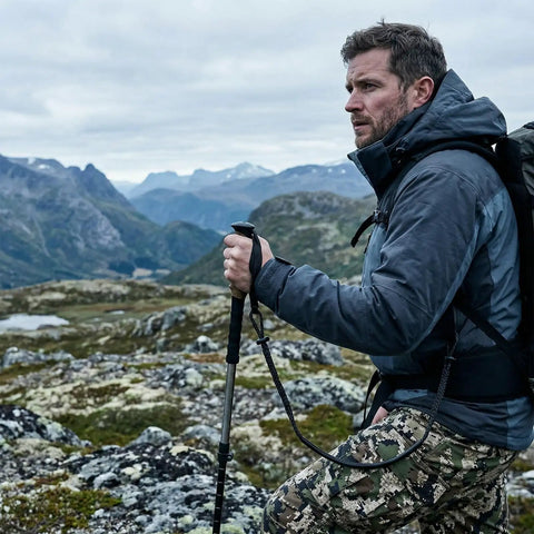 Man hiking with poles in mountainous terrain, wearing outdoor gear and carrying backpack, cloudy sky backdrop.