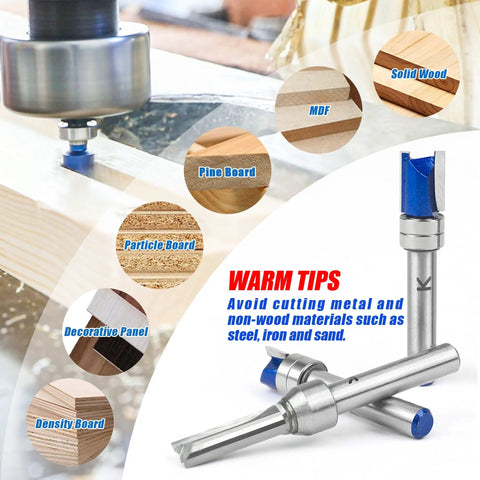 Close-up of Six Piece Pattern Flush Trim Router Bit Set With 1/4 Inch Shank Carbide Tipped for wood trimming and various materials