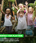 Children playing with plants near a Butterfly sign, holding carrots, showcasing a Kid Friendly Garden Trowel With Wooden Handle Mini Shovel.