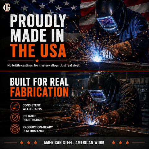 Welder fabricating with sparks, American flag background, promoting "End Caps For 1.25 Inch Nominal Pipe In A36 Steel"