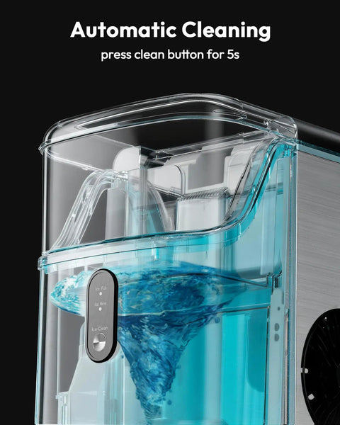 Countertop Nugget Ice Maker With Self Cleaning And Ice Scoop Pebble Ice Machine Delivers Soft Chewable Ice In About 7 Minutes And Produces 34 Lbs Per Day Stainless Steel Portable Home Kitchen Must Have Gadget For Busy Mornings showing automatic cleaning feature