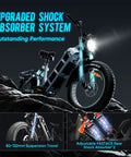 Heavy Duty 1200W Electric Fat Tire Bike For Adults With 48V 60Ah Battery showing upgraded shock absorber system and full suspension.