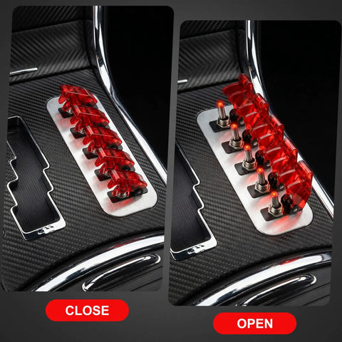 Close and open view of 12V LED Toggle Switches Kit 12 Pack Heavy Duty SPST Rocker With Safety Flip Covers 20A 3 Pin Blade Red