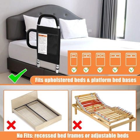 Bed Rails For Seniors With Two Grab Bars And Storage Pocket Safe In Bed Exit showing compatibility with different bed types