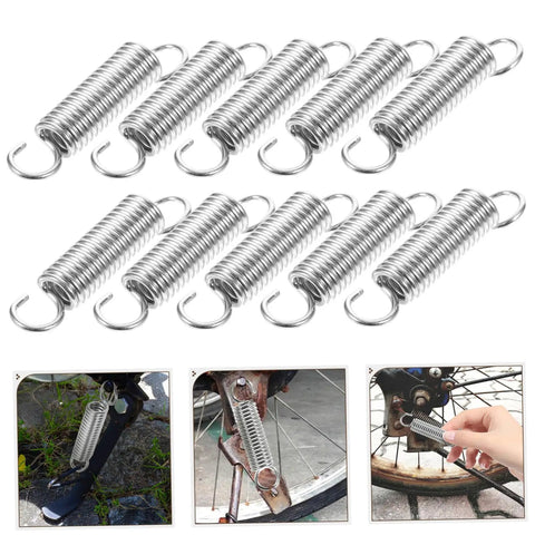 Top Tier 10-Piece Stainless Steel Extension Springs Kit Delivers Killer Strength For DIY Gear, Electric Vehicles And Heavy Machinery With Easy Swap Performance. 10 stainless steel springs with hooks shown on a white background, used for bike and equipment repairs.