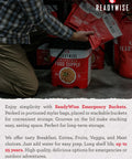 Person stacking Grab And Go Emergency Food Supply Bucket With 120 Servings Of Freeze Dried Meals For Camping And Backpacking, Prepper Ready Kit With Long Lasting Shelf Life Up To 25 Years.