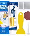 Drywall Repair Kit 4.2oz Spackle With Patch Patches Sandpaper And Scraper For Quick And Easy Hole Fix On Walls DIY Patch Job Includes Nozzle Extender Now, showing wall mending agent tube, scraper, patches, sandpaper, and nozzle.