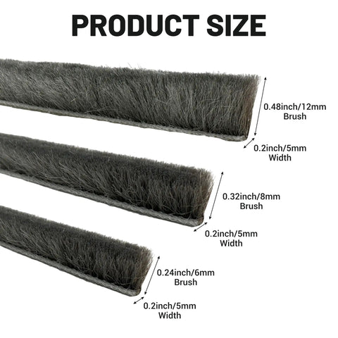 Hella Tough Weather Stripping Brush Door Seal Strip For Sliding Windows And Doors Cut To Fit showing size variations and flexible polypropylene material
