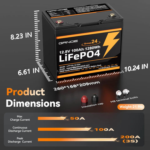 LiFePO4 12V 100Ah Battery With 100A BMS For RVs, Boats, Solar, Off Grid Power - Lightweight 21.9 Lb, Product Dimensions and Specs