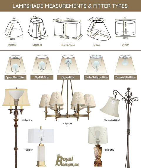 Various lampshade measurements and fitter types, including rectangle hardback lamp shade in black with gold lining.
