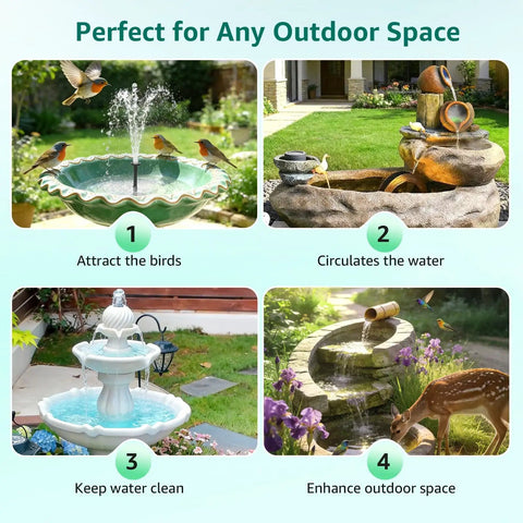 Go To Solar Fountain Pump With Battery Backup For Bird Bath And Garden, 8.5W Solar Panel, 3200mAh Built In Battery, shown in garden use
