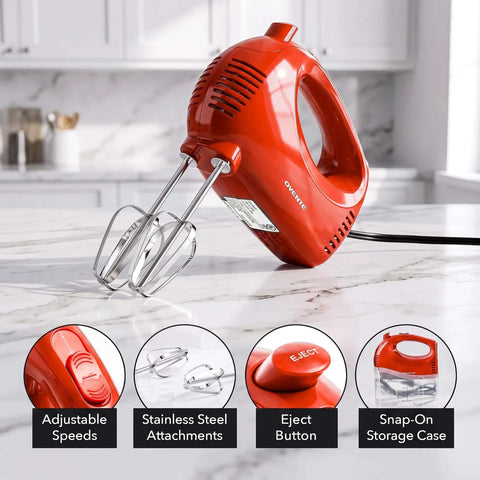 Top Tier Five Speed Electric Hand Mixer With Slick Adjustable Controls And A Sturdy Red Storage Case For Blazing Through Whipping Cream, featuring stainless steel beaters and eject button.