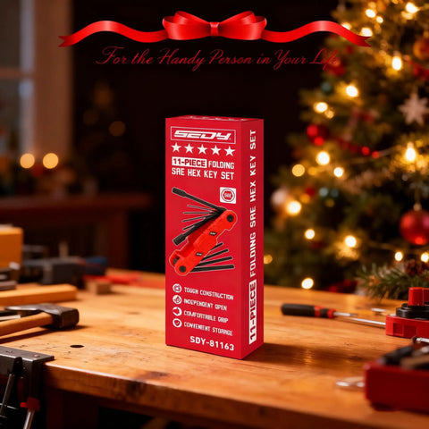 Your Go To 11 Piece Folding Hex Key Set SAE Three Thirty Seconds To One Half Inch Heavy Duty Allen Wrench Set Portable Red Perfect For Archery Bike Repair Furniture Assembly And Everyday Home Maintenance packaging on a wooden table with holiday decorations.