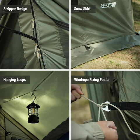 Features of Large Hammock Hot Tent With Stove Jack Waterproof And Windproof Winter Wall Tent including zippers, snow skirt, and loops