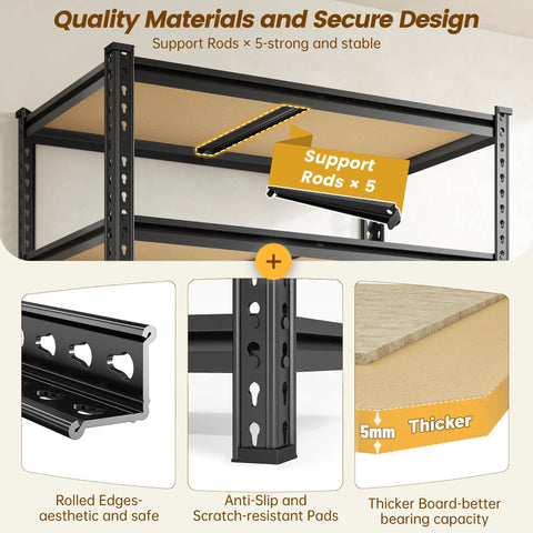 Detachable 5 Tier Storage Shelves For Pantry Kitchen Closet, Adjustable Modular Metal Shelving System With Height Configurable Levels, Easy Setup And Quick Disassembly For Flexible Home Organization, black metal frame, 5mm board