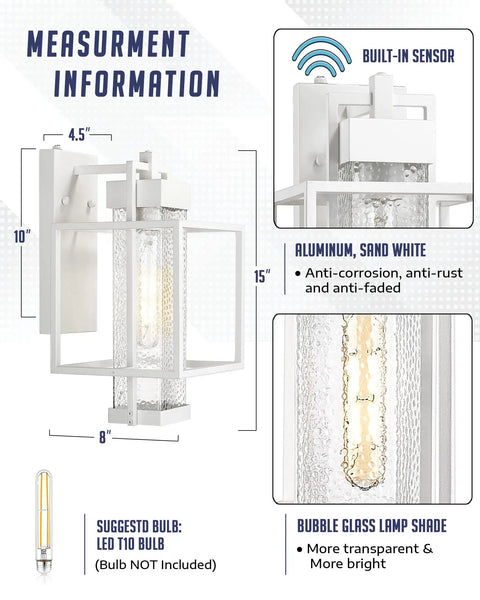 Dusk To Dawn Sensor Outdoor Wall Light Two Pack Aluminum Exterior Wall Mount Fixtures In White Finish With Bubble Glass Shade