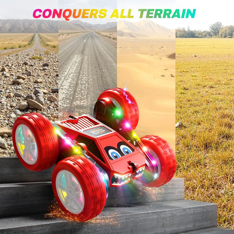 Remote Control Stunt Car With 360 Degree Flips, LED Light Strips, Type C Charge on stairs showcasing terrain versatility