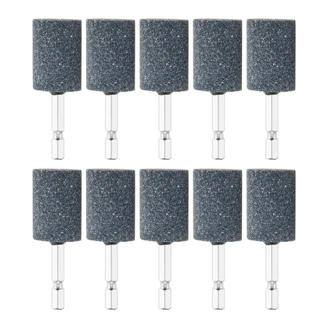 Ten Piece 25mm Aluminum Oxide Mounted Grinding Stones With Quarter Inch Hex Shank For Electric Rotary Tools And Drill Grinders Built Tough For Metal Wood And Plastic Finishing And Shaping, showing ten gray stones with hex shanks.