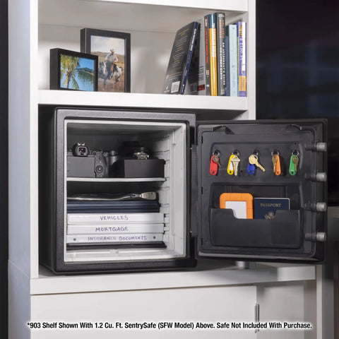 Adjustable Shelf Insert For 0.8 And 1.2 Cu Ft Fireproof Waterproof Safes, White, Fits SFW082 And SFW123, in open safe with documents.