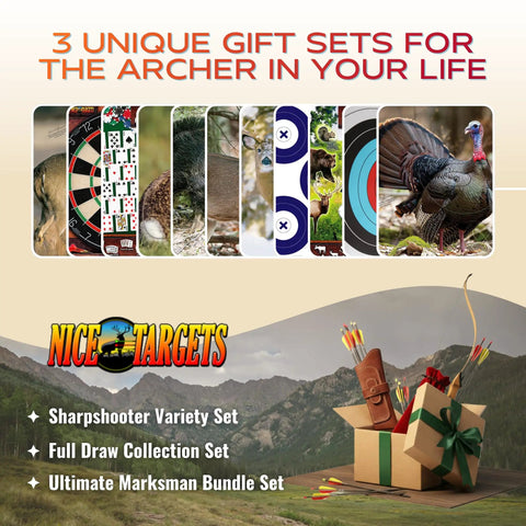 Sharpshooter 8 Pack Archery Target Set with deer, rabbit, turkey, boar, dartboard, and Vegas style spots, includes gift box