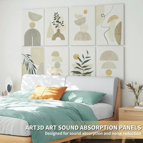 Soundproof 8-Pack 48x32 Acoustic Wall Art Panels in bedroom, high density polyester UV print for noise blocking and echo reduction.