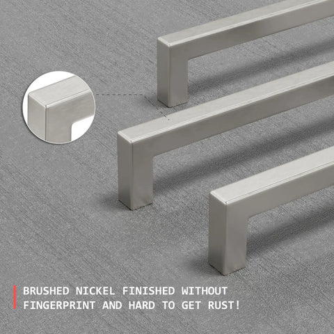 Close-up of brushed nickel cabinet pulls showing square handles and finish from 20 Pack 5 Inch Brushed Nickel Cabinet Pulls