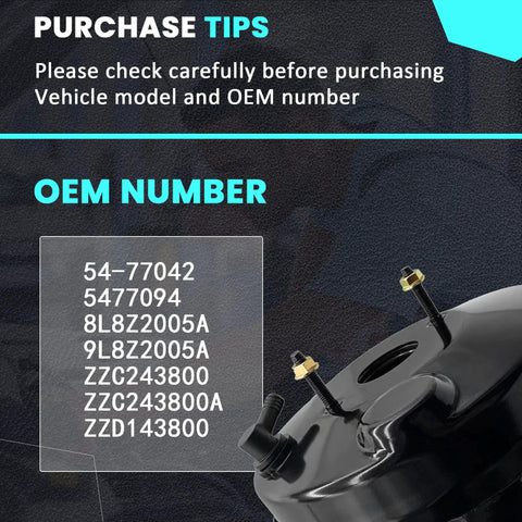 Heavy Duty Vacuum Power Brake Booster For Ford Escape And Mercury Mariner 2008 To 2012 Plus Mazda Tribute OEM numbers displayed on black background.