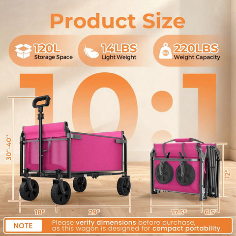 All In One Portable Collapsible Wagon Cart With Removable Side Lightweight Foldable Utility Groceries Wagon For Dogs Cats Camping Beach Shopping Sports Gardening Fishing Pink, showing dimensions and weight capacity specifications.