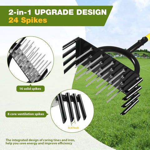 2 In 1 Lawn Aerator Manual Core Aerator With 24 Spikes for lawn ventilation, showing detailed spike design and components