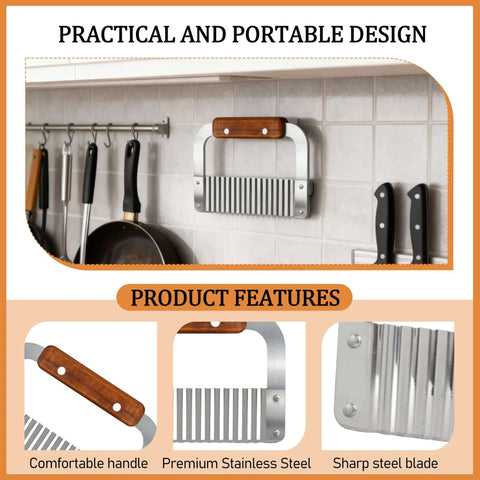 HOLEPU crinkle chopper set of 2 with wooden handle and stainless steel blades, front view