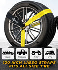 Heavy Duty Car Tie Down Straps For Trailers 2 Inch By 120 Inch With Flat Hooks 10000 Lbs Break Strength secured on tire