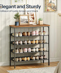 Five-Tier Entryway Shoe Rack With Adjustable Mesh Shelves Industrial Metal Design Holds 16-20 Pairs Of Shoes Floor Mount Rustic Brown Organizer For Closet Or Hallway, filled with shoes, in a room corner
