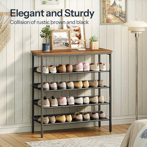 Five-Tier Entryway Shoe Rack With Adjustable Mesh Shelves Industrial Metal Design Holds 16-20 Pairs Of Shoes Floor Mount Rustic Brown Organizer For Closet Or Hallway, filled with shoes, in a room corner