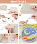 How to use Punch Needle Kit For Beginners With Wooden Handle Tools and accessories in blue embroidery steps.