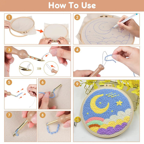 How to use Punch Needle Kit For Beginners With Wooden Handle Tools and accessories in blue embroidery steps.