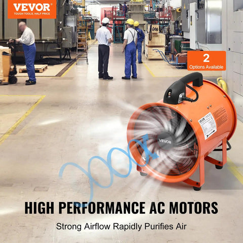 VEVOR Portable Ventilator with Hose, 2 Speed, 12 Inch Utility Blower Exhaust Fan in industrial setting.