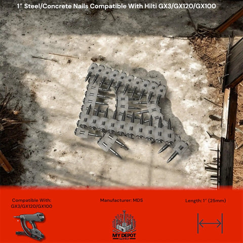 One Inch Concrete Nails For Heavy Duty Framing And Masonry, 1000 Count, Flat Head, arranged on concrete surface