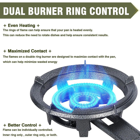 13 Inch Cast Iron Wok Burner Stove With 90,000 BTU High Heat For Outdoor Cookin Portable Gas Stove showing dual burner ring control