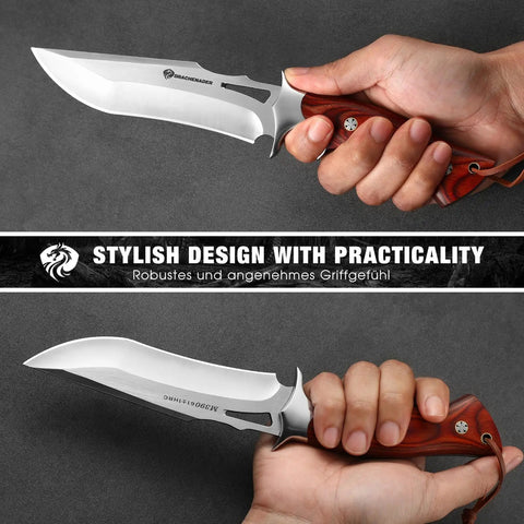 M390 Fixed Blade Hunting Knife With Leather Sheath, Full Tang Bushcraft Knife in hand, showing non-slip red wooden handle