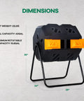 Dual Chamber 42 Gallon Outdoor Compost Tumbler Rotating Bin BPA Free For Garden Yard with dimensions shown