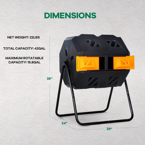 Dual Chamber 42 Gallon Outdoor Compost Tumbler Rotating Bin BPA Free For Garden Yard with dimensions shown