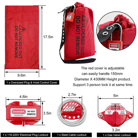 Image of adjustable red cover and lockout devices from All In One Lockout Tagout Station Kit With Board Locks 80 Pcs Includes Hasps Tags Circuit Breaker Lockout Ball Valve Lockout Electrical Plug Lockout Steel Cable Lockout Big Yellow Station.