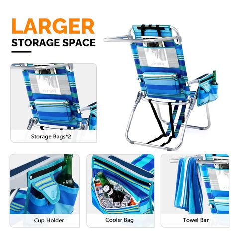 16 Inch Tall Beach Chairs For Adults 2 Pack Lightweight Backpack Camp Chairs showing cooler bag, cup holder, and towel rack