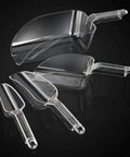 Commercial Grade Polycarbonate Ice Scoop 24 Ounce Clear Utility Scoop For Ice Flour And Sugar In Busy Kitchens Real Kitchen Workhorse Break Resistant With Beveled Front Edge For Easy Scooping And Spill Prevention. Four clear polycarbonate ice scoops with handles, different sizes visible.
