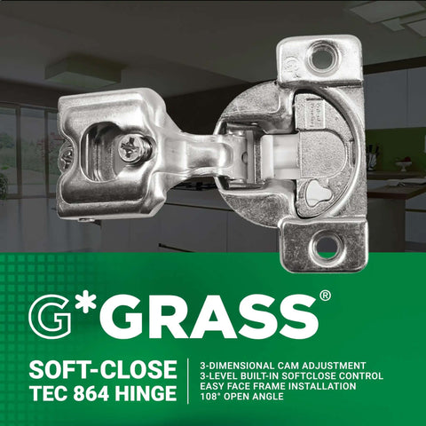 50 Pack Cabinet Hinges With Soft Close, 108 Degree Opening, compact design highlighted against kitchen backdrop
