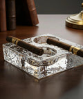 Clear Glass Cigar Ashtray Made From Premium Crystal, Heavyweight for Two Cigars, modern square design on desk